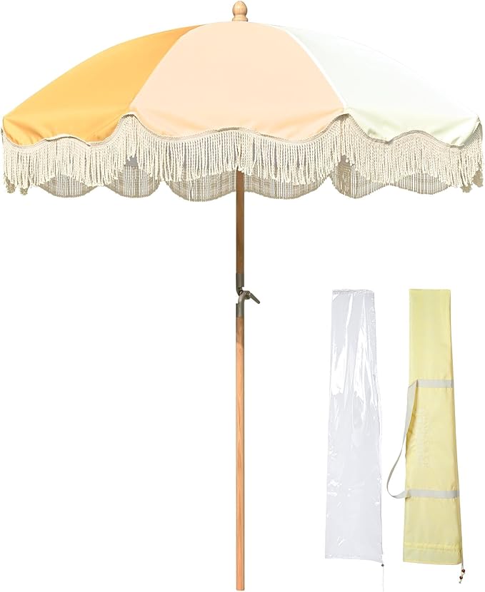 LAGarden Fringe Patio Umbrella with Carry Bag & Cover Vintage Wood for Event Outdoor Garden Yard Wedding Bistro Table