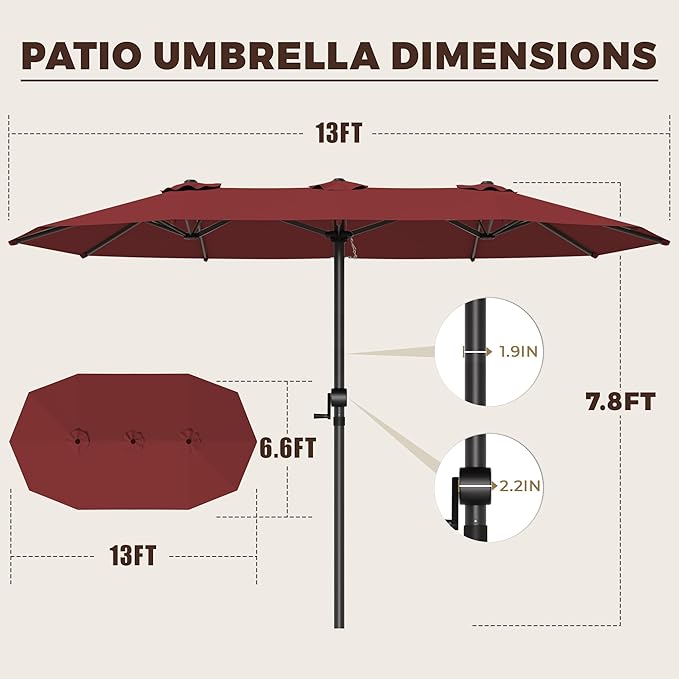 GDPFN 13FT Large Patio Umbrella, Outdoor Deck Standing Umbrella with Crank Handle, Double-Side Rectangular Pool Umbrella for Outside, Market, Patio, Burgundy (Base Not Include)