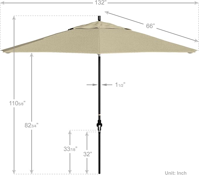 California Umbrella 11Ft Premium Sunbrella Patio Umbrella, Hand-Crank, Tilt-Collar, Black Frame, Canvas Fabric