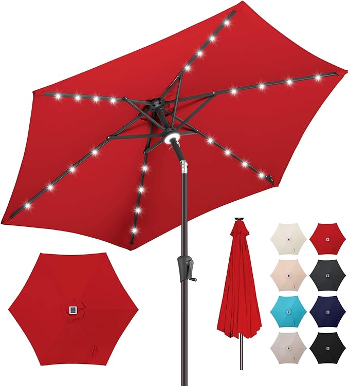 10ft Solar Patio Umbrella - Outdoor Umbrella with Centre Surround Light 24 LED Lights, Market Table Umbrella with Tilt for Pool, Porch, Garden, Deck, Backyard UV Protection (Red)