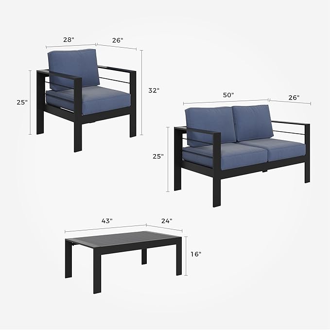 RoyalCraft Solaste Outdoor Aluminum Furniture Set - 4 Pieces Patio Sectional Chat Sofa Conversation Set with Table