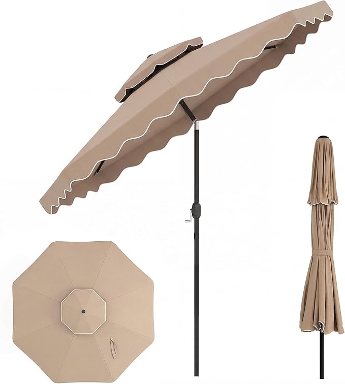 Happygrill 9 FT Patio Umbrella, Scalloped Outdoor Table Market Umbrella with Push Button Tilt & Crank, 2-Tier Vented Top, Heavy-Duty 8 Metal Ribs, Sun-Protective Canopy, Ruffle for Deck Pool Garden (Brown)