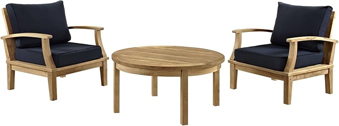 Modway Marina Premium Grade A Teak Wood 3-Piece Outdoor Patio Furniture Set in Natural Navy