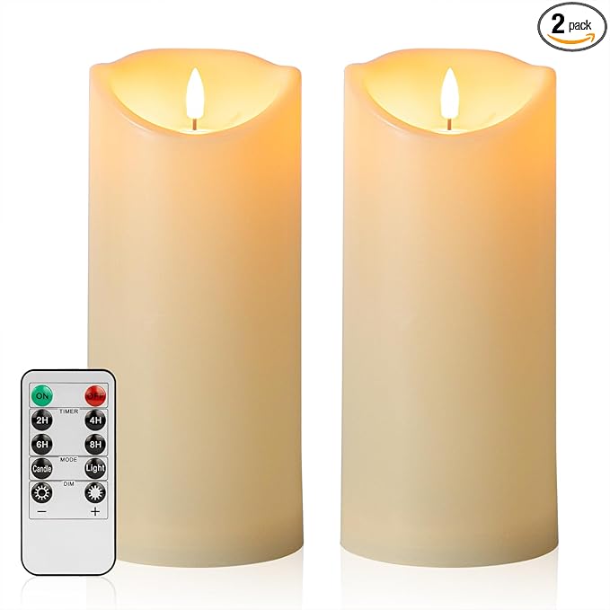 ANGELLOONG 9" x 4" Flickering Flameless Candles with Remote, Battery Operated Timer Candles, LED Pillar Candles for Outdoor Lanterns Porch, Set of 2