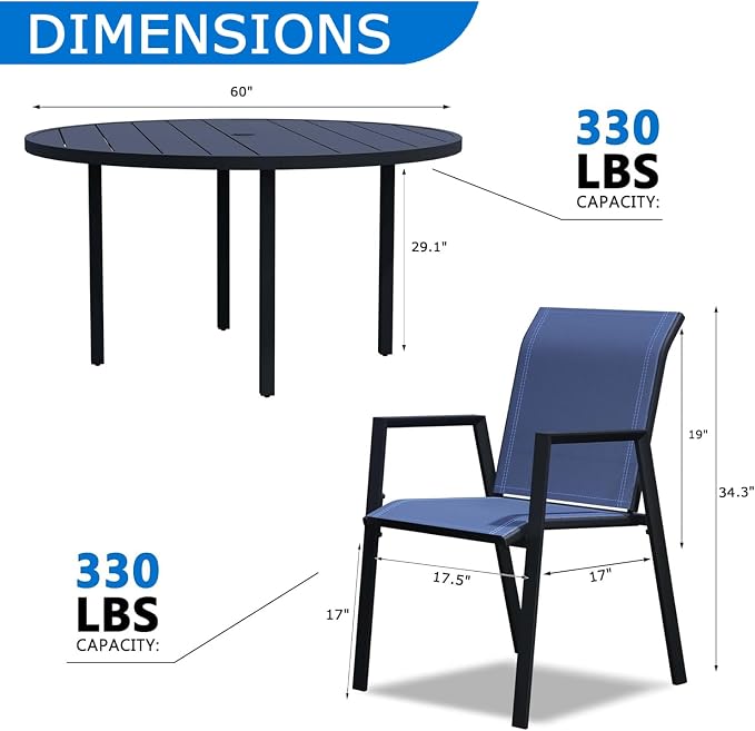 9-Piece Outdoor Dining Set for 8 – 60" Black Round Outdoor Table with Umbrella Hole & 8 Blue Outdoor Stackable Dining Chairs, All-Weather Patio Furniture