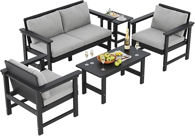5-Piece Patio Conversation Sets, Weatherproof HDPE Sectional Furniture Set with Cushions, Outdoor Sofa Set for for Porch, Balcony, Deck, Lawn (Black)