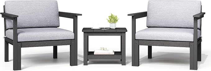 Modular Outdoor Patio Conversation Set, 3-Piece HIPS Chairs with Side Table & Thick Cushions– Side Interlock & Detachable Armrest, All-Weather Patio Furniture Set for Backyard, Deck, Poolside