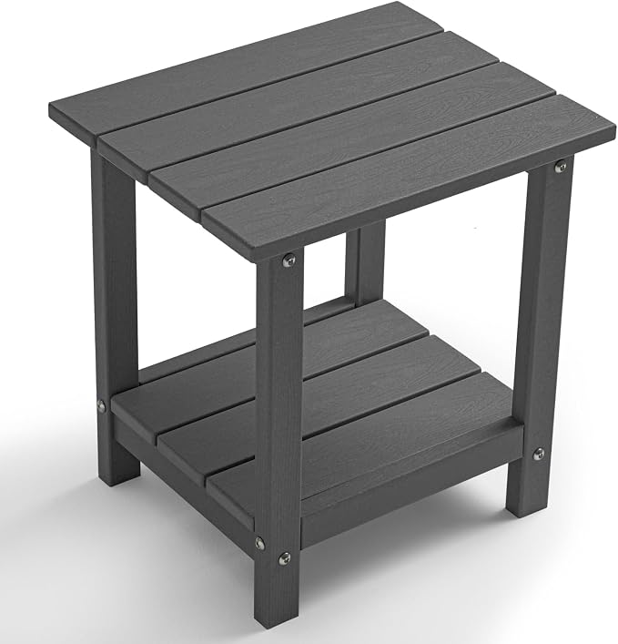 Outdoor 2-Tier Square Side Table, Adirondack Weather Resistant Patio End Table, Low Maintenance HDPE Accent Table for Backyard, Pool, Porch, Deck, Gray