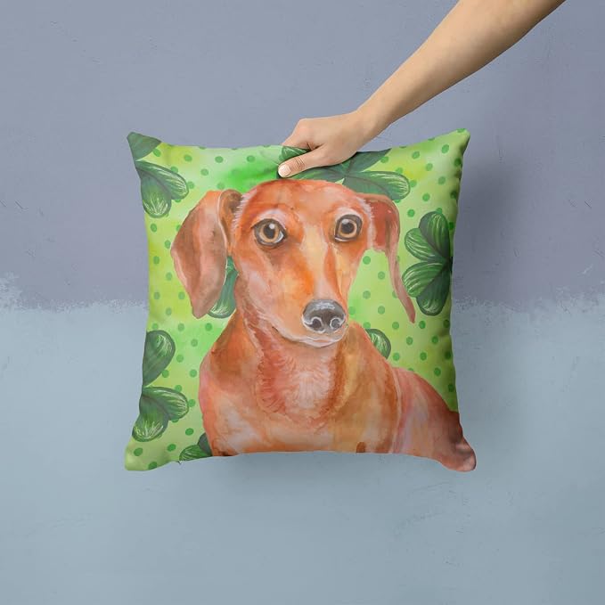 Caroline's Treasures BB9881PW1414 Red Dachshund St Patrick's Fabric Decorative Pillow, Green Machine Washable, Indoor Outdoor Decorative Pillow for Couch, Bed or Patio, 14Hx14W