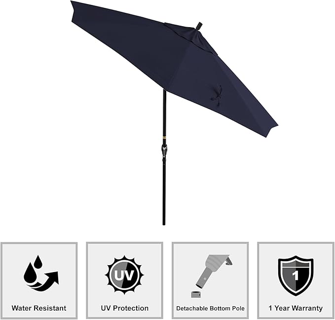 California Umbrella 9' Round Aluminum Market Umbrella, Crank Lift, Push Button Tilt, Black Pole, Navy Blue Olefin