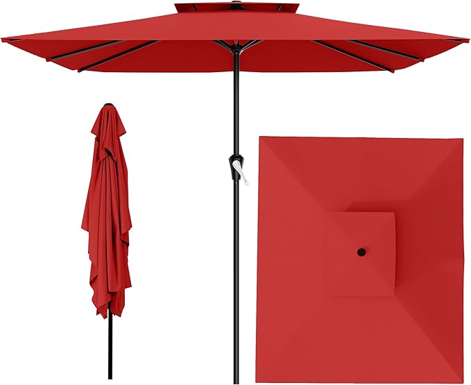 AreShark 8'x10' 2 Tiers Rectangular Patio Umbrella - Outdoor Umbrella Waterproof UV Protection, Market Table Umbrella w/Crank for Pool, Backyard, Deck(Red)