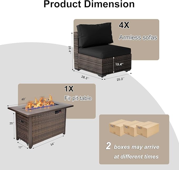 5 Piece Patio Furniture Set with Fire Pit Table, Outdoor Sectional Sofa PE Rattan, Patio Conversation Sets with Cushions for Garden Lawn Balcony Porch Deck Black