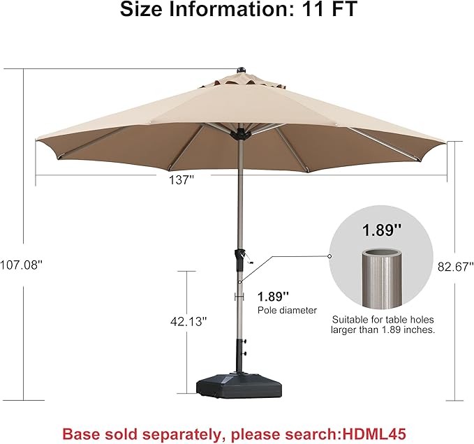 PURPLE LEAF 11' Round Patio Umbrella, Aluminum Outdoor Umbrella for 3 Year Fade Resistant, Sturdy Market Umbrella for Deck Garden, Patio, or Lawn
