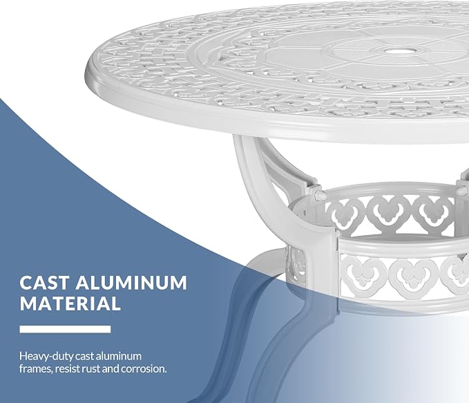 38.5 Inch Outdoor Dining Table Round Patio Table Bronze Cast Aluminum Rustic Large Table with Umbrella Hole, White