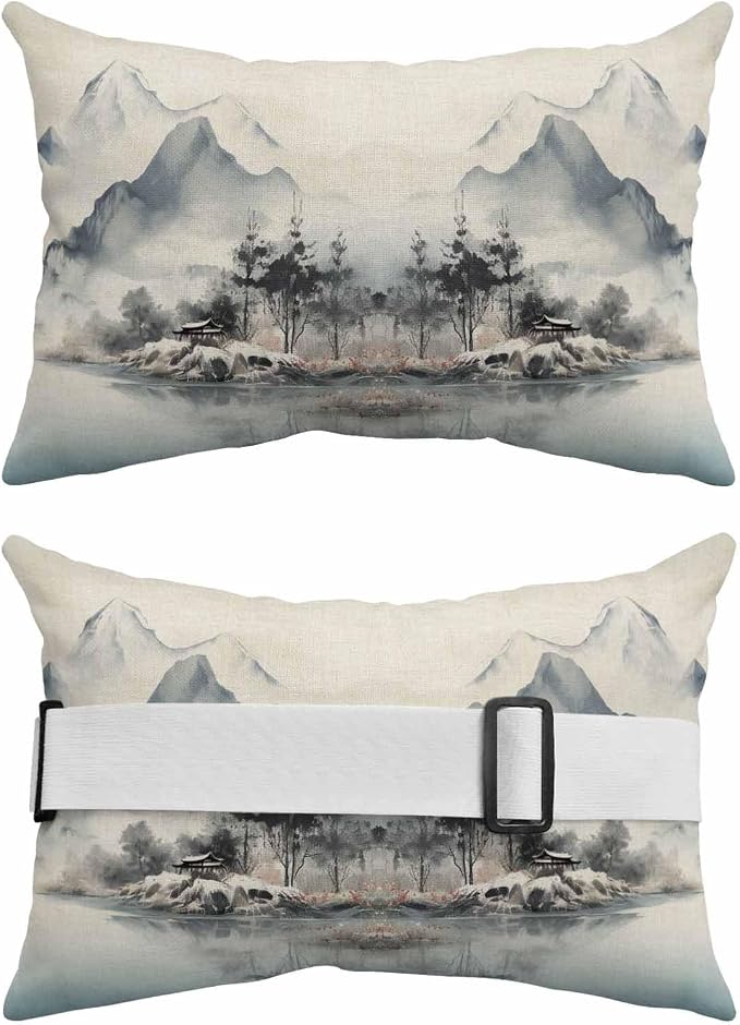 Chaise Lounge Head Resting Pillows,Ink Painting Watercolor Mountain Water Tree Painting Vintage Outdoor Chaise Pillows,Waterproof Patio Furniture Pillows with Insert and Elastic Strap for Beach Chair