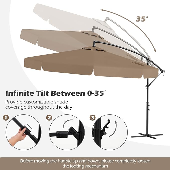 Tangkula 10FT Offset Hanging Umbrella with Cover, Patio Cantilever Umbrella w/ Easy Tilt Adjustment, Crank, Ruffled Edge, 8 Ribs, Sun-Protective Canopy, Heavy-Duty Outdoor Parasol for Pool Garden Deck (Tan)
