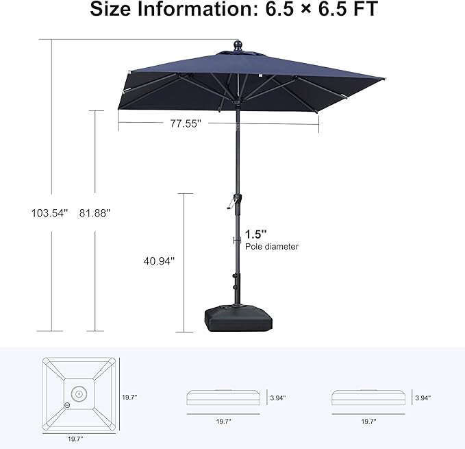 PURPLE LEAF 6.5' x 6.5' Square Patio Market Umbrella with Base Outdoor Table Umbrellas Aluminum Frame Sun Shade with 8 Sturdy Ribs Tilt for Garden Deck Lawn Pool Navy Blue