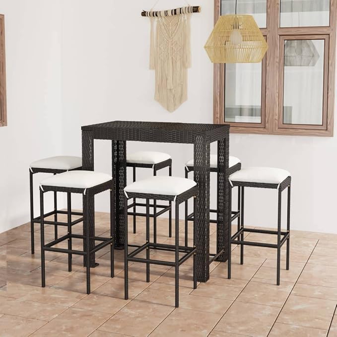 7 Piece Patio Bar Set with Cushions,Garden Table and Chairs Sets,Garden Conversation Sets, Outdoor Patio Furniture,for Patio,Backyard,Garden,Poly Rattan Black