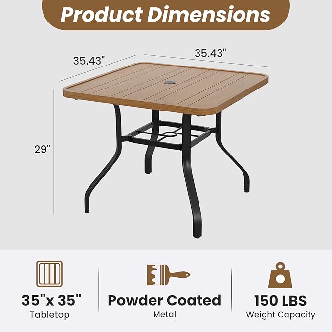 Soohow Outdoor Patio Dining Table with 1.57" Umbrella Hole, 35"x35" Wood-Like Texture, All-Weather Metal Frame for Poolside, Deck, Porch