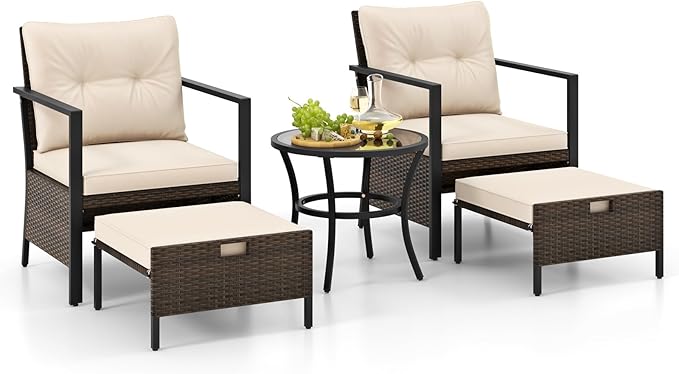 Tangkula 5 Piece Outdoor Furniture Set, Rattan Chairs & Ottomans w/Round Glass Topped Coffee Table, Space Saving Cushioned Patio Conversation Set for Backyard, Poolside (Off White)
