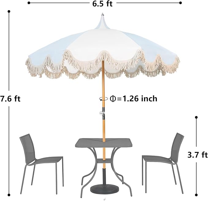 6.5ft Pagoda Beach Umbrella with Fringe, UPF 50+ Boho Umbrellas with Carry Bag, Premium Wood Pole Foldable Tassel Umbrella for Outdoor Garden Lawn Pool Yard Table