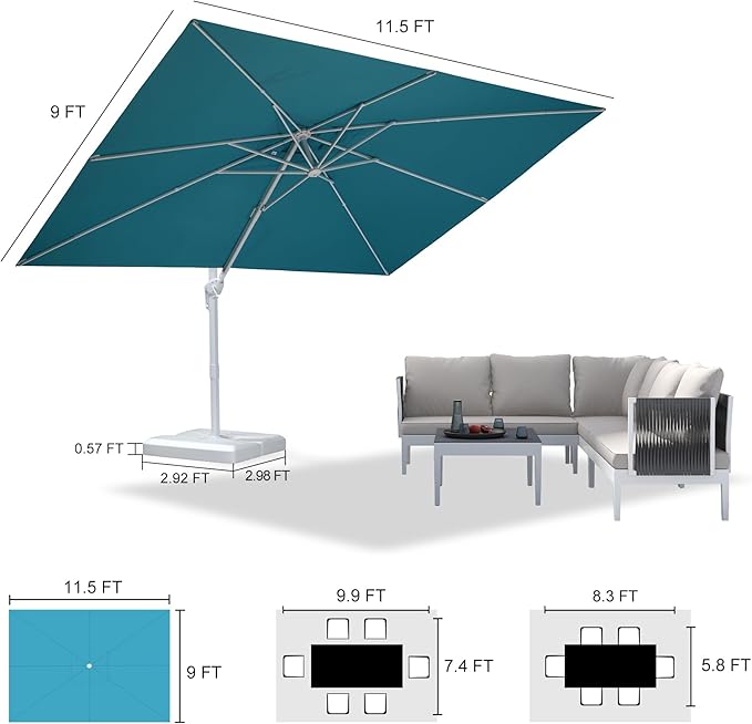 PURPLE LEAF 9' × 11.5' Patio Umbrella With Base White Cantilever Umbrella Square Outdoor Offset Windproof with 360° Rotation for Garden Deck Pool, Turquoise