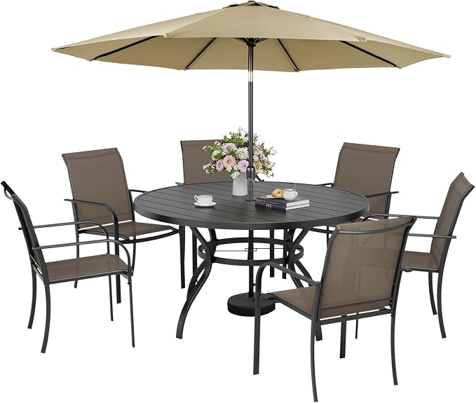 7-Piece Patio Dining Set with Umbrella,6 Person Outdoor Table and Chairs Set, 6 Metal Dining Chairs and Round Outdoor Table with 1.57" Umbrella Hole,Khaki