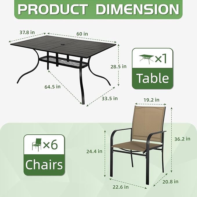 Incbruce 7 Pieces Outdoor Dining Set, Patio Metal Dining Set of 6 Textilene Chairs and Rectangle Table with Umbrella Hole for Lawn, Garden, Porch and Backyard (Brown)