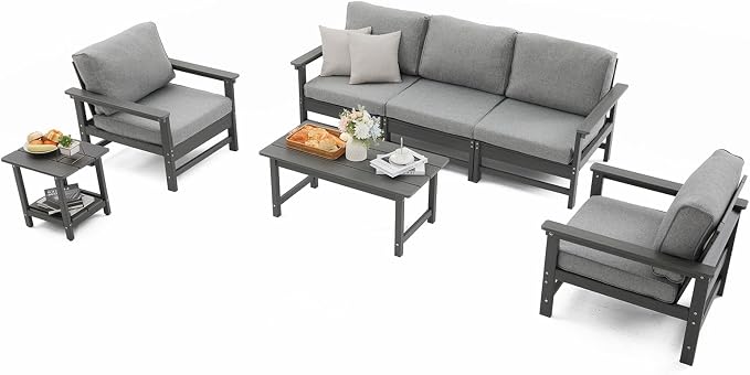 HDPE Outdoor Patio Furniture Set with Cushions, 7 Piece Patio Conversation Set Sofa Set,All Weather Outdoor Couch Set with Coffee Table for Lawn, Garden, Deck