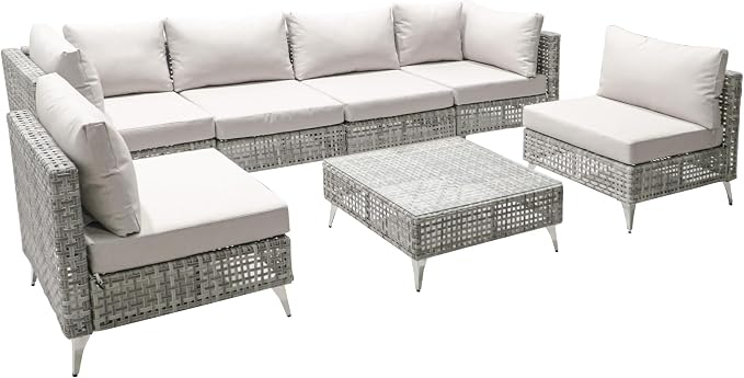 YOPTO 7-Piece Wicker Patio Furniture Set with Water Resistant Thick Cushions & Coffee Table,Outdoor Conversation Set Sectional Sofa W/Removable Cushions Cover,Free Combination,for Patio,Backyard,Gray