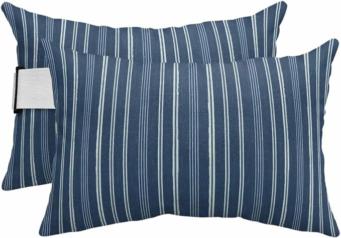 Pack of 4 Outdoor Lumbar Pillow Covers 12x20 Inch, Navy Blue Striped Waterproof Throw Pillow Covers Set, Farmhouse Stripes Modern Vintage Indoor&Outdoor Decorative Cushion Cases for Patio Porch Car