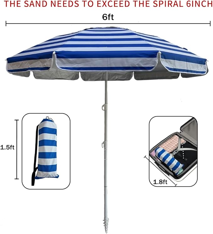 LOTTAFUN 6ft Beach Umbrella - Heavy Duty Wind Resistant UV 50+ Portable Sun Shade with Sand Anchor & Carry Bag, Outdoor Folding Umbrella for Beach, Pool, Patio, Garden (Blue strip) No Tilt The sand needs to exceed the spiral 6inch