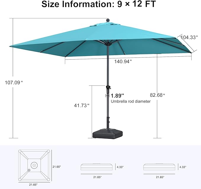 PURPLE LEAF 12' x 9' Rectangle Patio Market Umbrella with Base Outdoor Table Umbrellas Aluminum Frame Sun Shade with 8 Sturdy Ribs for Garden Deck Lawn Pool Turquoise Blue