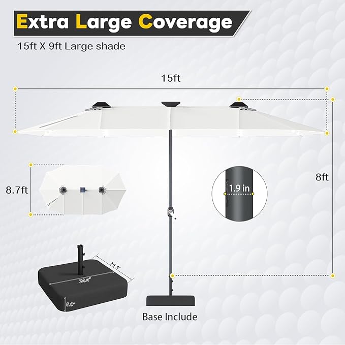 AECOJOY 15ft Double-Sided Patio Umbrella with Solar Lights, Outdoor Rectangle Market Large Patio Umbrella with Base Include|Crank Handle|156 PCS LED Lights for Garden Deck Pool in Beige(1.9" Pole)