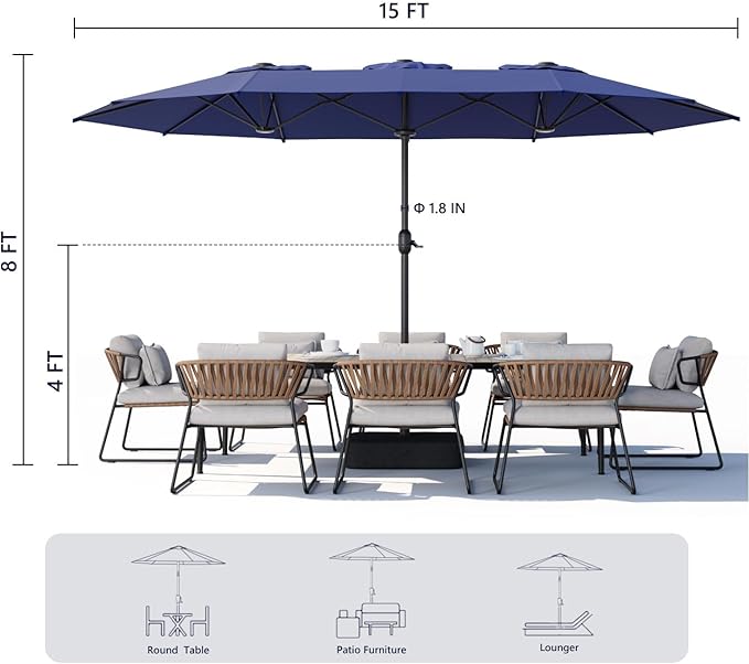 15ft Large Outdoor Patio Umbrella, Double Sided Table Umbrella with Crank, 12 Steel Ribs Market Umbrella