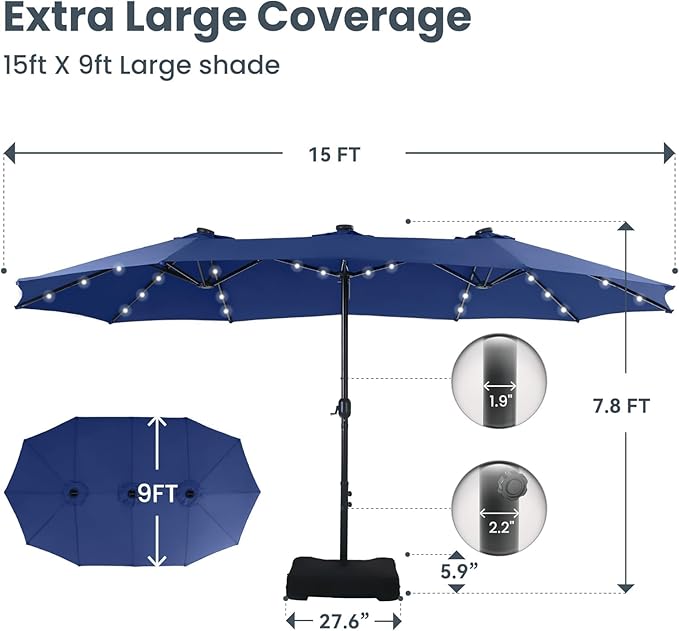 15ft Large Patio Umbrella with 3 Solar panels, 48 Solar LED Lights Base NOT Included, Outdoor Double-Sided Rectangle Market Umbrella with Crank Handle, Perfect for Pool, Lawn, and Garden (Pole Diameter 1.9 inch)