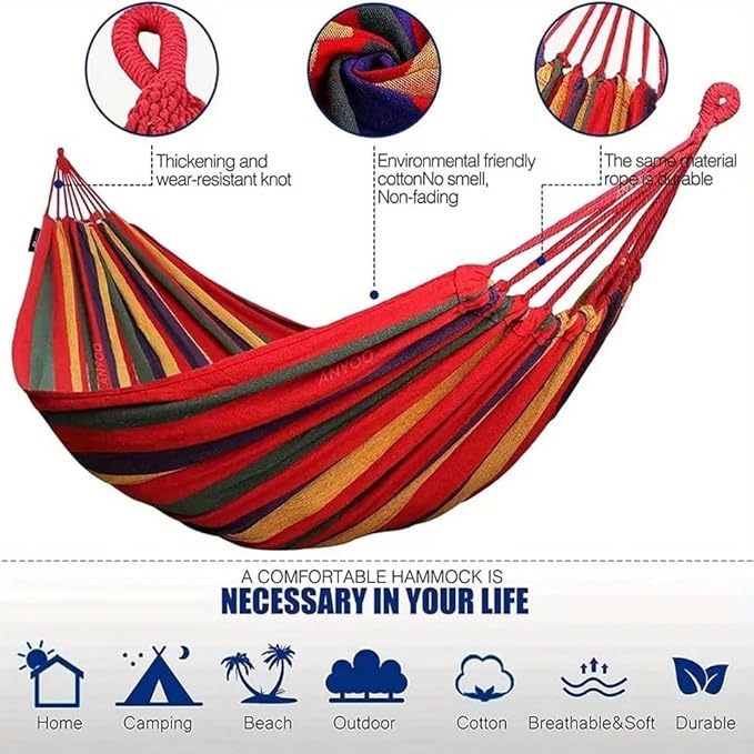 Canvas Hammock, Anti-Rollover Design, Tree Straps Included, Portable Swing for 1-2 Person, Red Striped