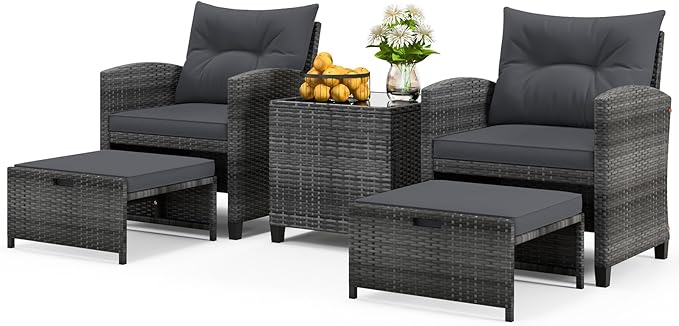 ORALNER 5 Pieces Patio Furniture Set with Ottoman, Wicker Conversation Set w/Cushions, Glass Coffee Table, Outdoor Lounger Rattan Chairs Bistro Set for Porch Balcony Garden Deck Poolside (Grey)