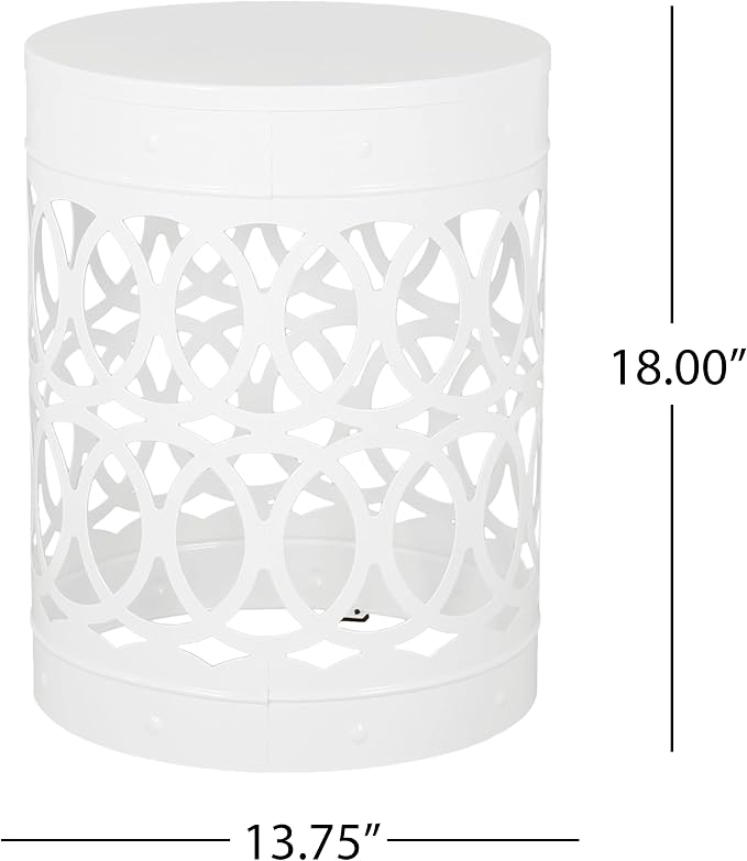 Outdoor Metal End Table Large, White Iron Side Table with Geometric Cut Design, Round Patio Accent Table No Assembly Required, Weather Resistant for Garden Balcony Porch (White)