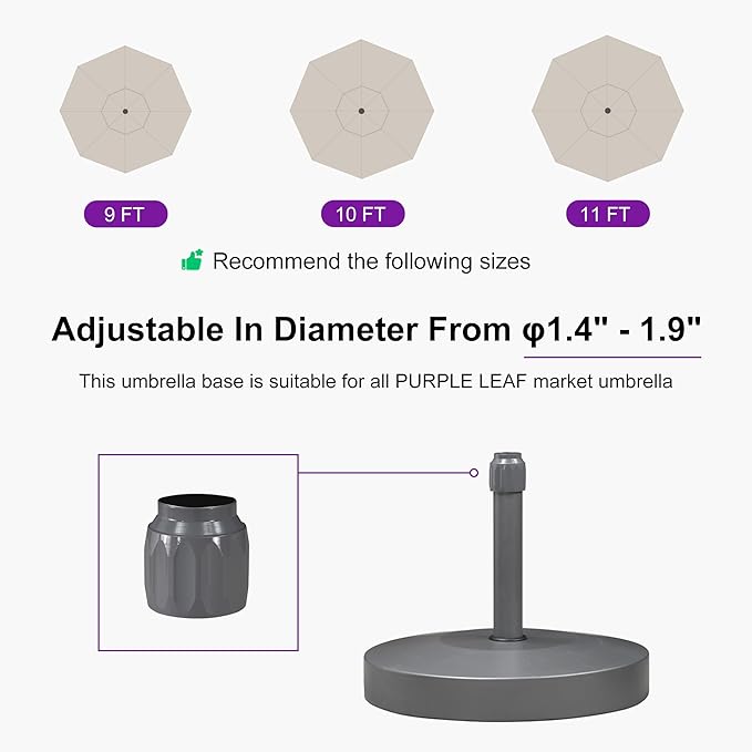PURPLE LEAF 9 FT Semi-Auto Outdoor Patio Umbrella with Base Market Table Sun Umbrellas with 8 Aluminum Sturdy Ribs for Backyard Deck Garden Pool (Gray Pole Beige Canopy)