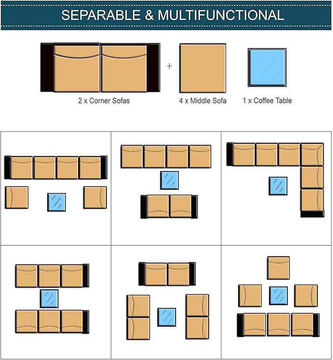 7 Pieces Outdoor Patio Furniture Sets,Wicker Conversation Set Sectional Sofa,Includes 6 All-Weather High Back PE Rattan Seating Components w/Thickened Cushions&Coffee Table,Sand