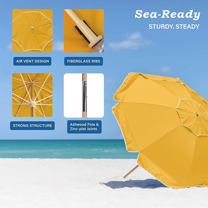 AMMSUN 7.5ft Heavy Duty High Wind Beach Umbrella Commercial Grade with Air Vent Ash Wood Pole & Carry Bag UPF 50+ Sun Protection for Patio Garden Pool Backyard Yellow