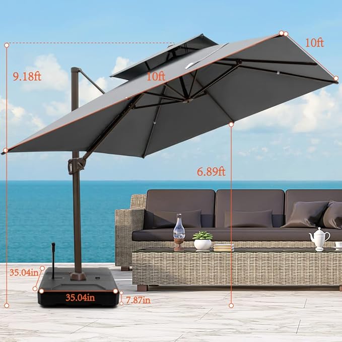 HomeRoots 10' Dark Gray Polyester Square Tilt Cantilever Patio Umbrella with Stand