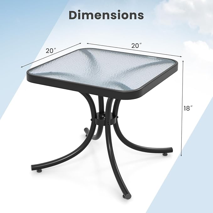 Tangkula Outdoor Side Table, 20 Inches Square End Table with Tempered Glass Top, Metal Frame, Small Patio Table for Garden, Backyard, Balcony, Poolside, Porch (2)