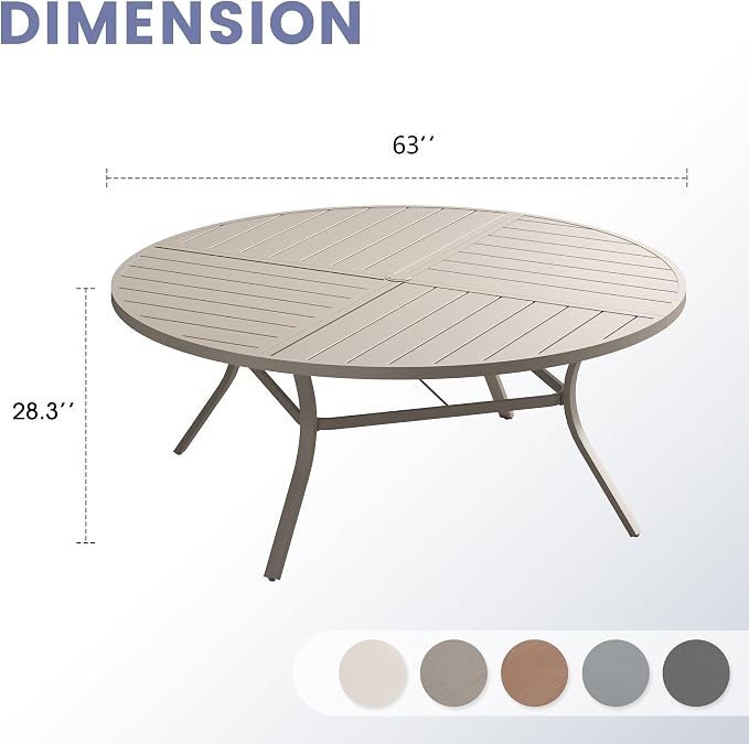 VICLLAX 63" Round Outdoor Table, Patio Dining Table for 8-10 with Umbrella Hole for Garden Lawn Deck Backyard, Sandshell
