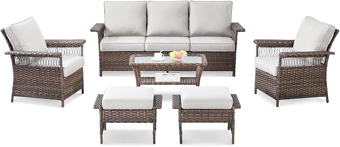 Outdoor Wicker Patio Furniture Set - 6 Piece Rattan Patio Conversation Sets with 2 Armrest Chairs,2 Ottomans,1 Sofa and 1 Coffee Table for Porch Deck Garden(Brown/Beige)