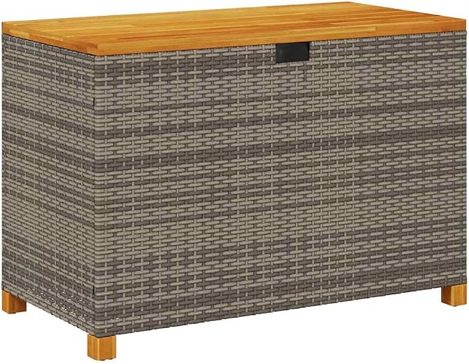 Outdoor Garden Storage Box 43.3 x 21.7 x 24.8 inch, Poly Rattan Deck Box with Acacia Wood Top, Heavy Duty Patio Bench with Waterproof Liner for Cushions and Blankets