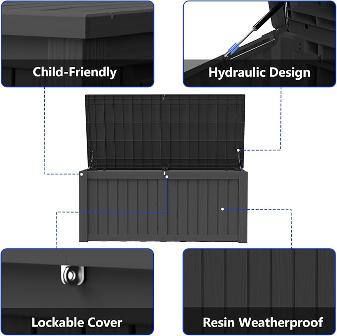 FEFLO 120 Gallon Waterproof Resin Deck Box, Heavy-Duty Outdoor Storage Box | Lockable Lid & UV-Resistant Patio Storage Chest for Garden Tools, Pool Accessories, Package Delivery, Toys, Furniture