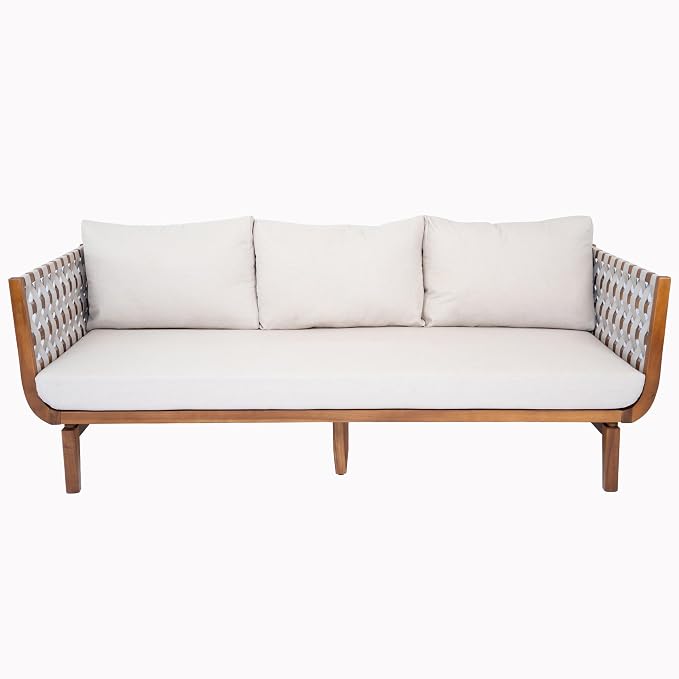 Merax Patio Rope Woven 3-Seater Sofa, Outdoor Acacia Wood Sofa Daybed with Water Repellent Fabric Cushion and Sturdy Base for Porch, Lawn, Backyard, Balcon, Teak+ Beige