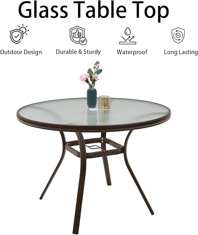 Anmutig Round Outdoor Dining Table for 4 Person, 40 inch Glass Top, Brown Powder-Coated Frame with Umbrella Hole Outdoor Furniture